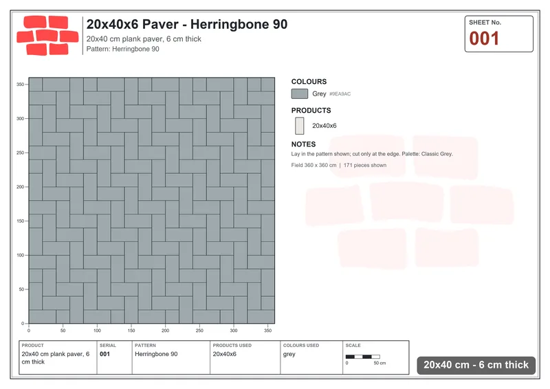 Interlock (Pasco) 20x40 cm · RC24-1 · Herringbone 90 · Laying plan Interlock (Pasco) 20x40 cm · RC24-1 · Herringbone 90 · Laying plan