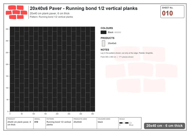 Interlock (Pasco) 20x40 cm · RC24-10 · Running bond 1/2 vertical planks · Laying plan Interlock (Pasco) 20x40 cm · RC24-10 · Running bond 1/2 vertical planks · Laying plan