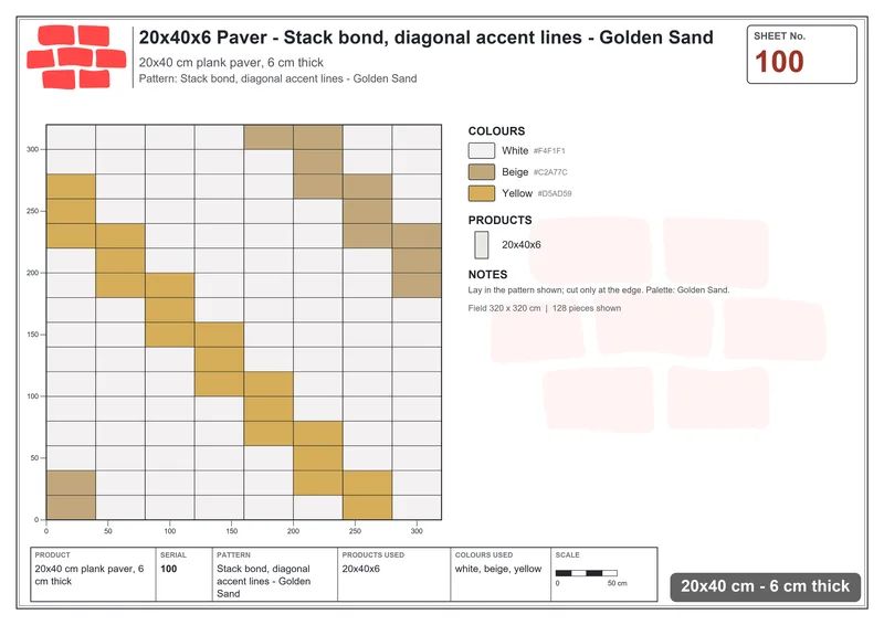 Interlock (Pasco) 20x40 cm · RC24-100 · Stack bond, diagonal accent lines - Golden Sand · Laying plan Interlock (Pasco) 20x40 cm · RC24-100 · Stack bond, diagonal accent lines - Golden Sand · Laying plan