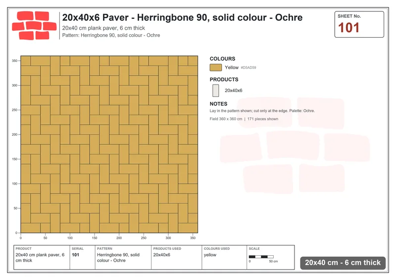 Interlock (Pasco) 20x40 cm · RC24-101 · Herringbone 90, solid colour - Ochre · Laying plan Interlock (Pasco) 20x40 cm · RC24-101 · Herringbone 90, solid colour - Ochre · Laying plan