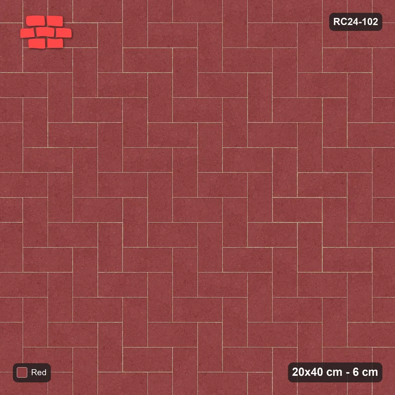 Interlock (Pasco) 20x40 cm · RC24-102 · Herringbone 90, solid colour - Terracotta Red · Top view Interlock (Pasco) 20x40 cm · RC24-102 · Herringbone 90, solid colour - Terracotta Red · Top view