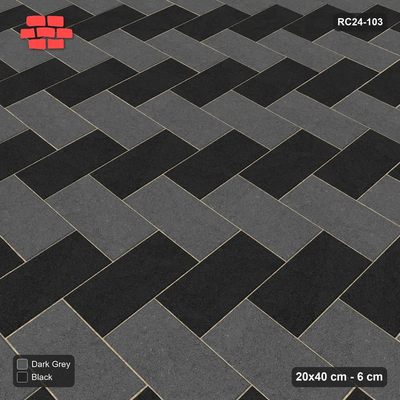 Interlock (Pasco) 20x40 cm · RC24-103 · Herringbone 90, colour by unit direction - Night Sky · Side view Interlock (Pasco) 20x40 cm · RC24-103 · Herringbone 90, colour by unit direction - Night Sky · Side view