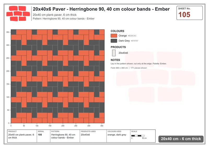 Interlock (Pasco) 20x40 cm · RC24-105 · Herringbone 90, 40 cm colour bands - Ember · Laying plan Interlock (Pasco) 20x40 cm · RC24-105 · Herringbone 90, 40 cm colour bands - Ember · Laying plan
