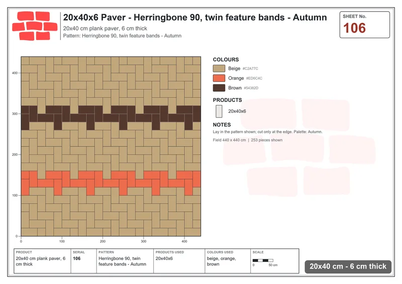 Interlock (Pasco) 20x40 cm · RC24-106 · Herringbone 90, twin feature bands - Autumn · Laying plan Interlock (Pasco) 20x40 cm · RC24-106 · Herringbone 90, twin feature bands - Autumn · Laying plan