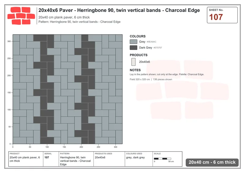 Interlock (Pasco) 20x40 cm · RC24-107 · Herringbone 90, twin vertical bands - Charcoal Edge · Laying plan Interlock (Pasco) 20x40 cm · RC24-107 · Herringbone 90, twin vertical bands - Charcoal Edge · Laying plan