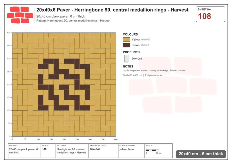 Interlock (Pasco) 20x40 cm · RC24-108 · Herringbone 90, central medallion rings - Harvest · Laying plan Interlock (Pasco) 20x40 cm · RC24-108 · Herringbone 90, central medallion rings - Harvest · Laying plan