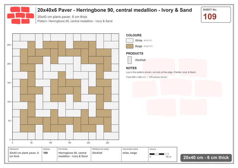 Interlock (Pasco) 20x40 cm · RC24-109 · Herringbone 90, central medallion - Ivory & Sand · Laying plan Interlock (Pasco) 20x40 cm · RC24-109 · Herringbone 90, central medallion - Ivory & Sand · Laying plan