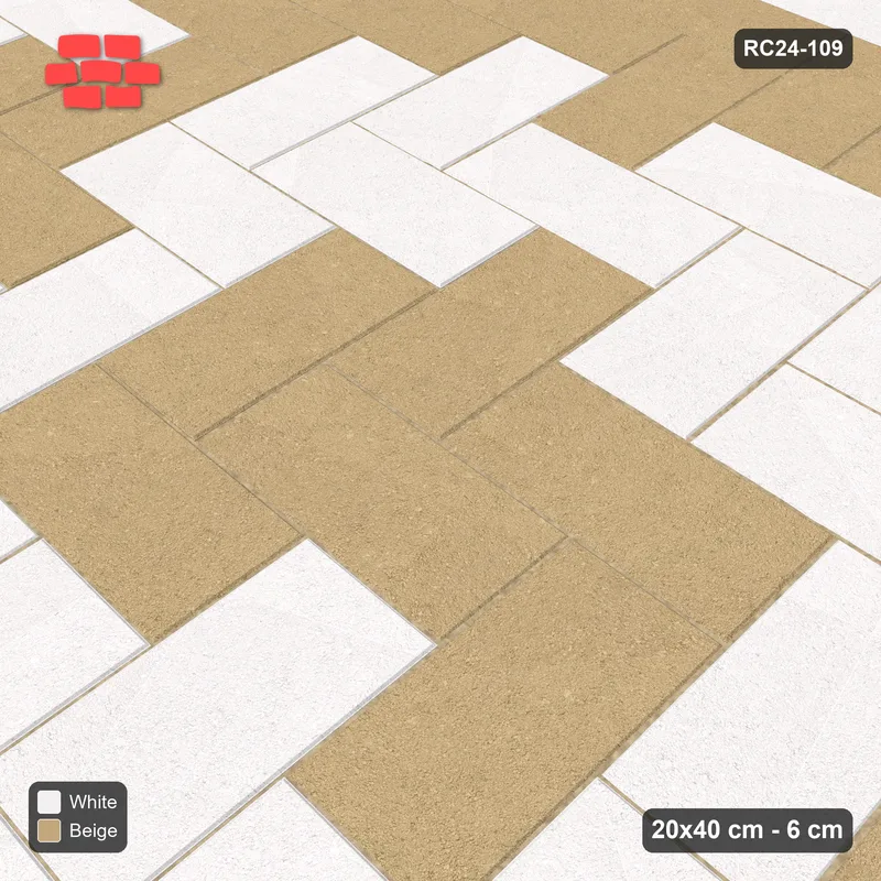 Interlock (Pasco) 20x40 cm · RC24-109 · Herringbone 90, central medallion - Ivory & Sand · Side view Interlock (Pasco) 20x40 cm · RC24-109 · Herringbone 90, central medallion - Ivory & Sand · Side view