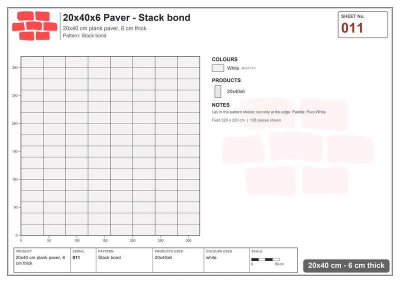 Interlock (Pasco) 20x40 cm · RC24-11 · Stack bond · Laying plan Interlock (Pasco) 20x40 cm · RC24-11 · Stack bond · Laying plan
