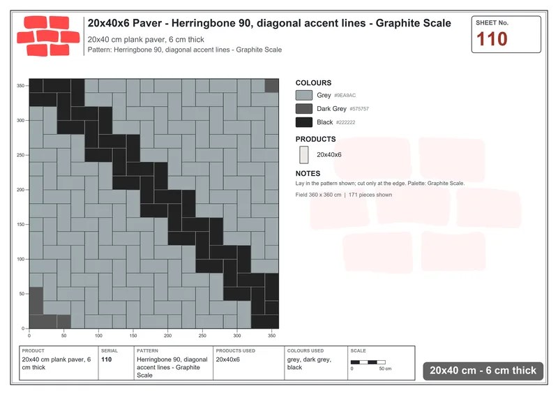 Interlock (Pasco) 20x40 cm · RC24-110 · Herringbone 90, diagonal accent lines - Graphite Scale · Laying plan Interlock (Pasco) 20x40 cm · RC24-110 · Herringbone 90, diagonal accent lines - Graphite Scale · Laying plan