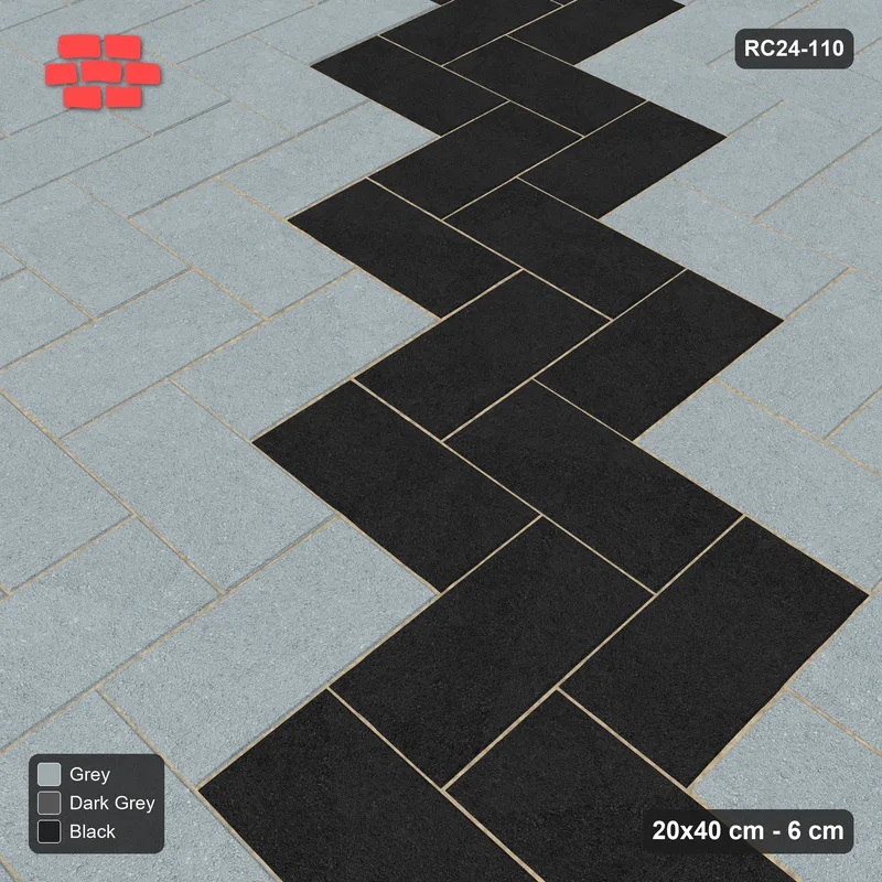 Interlock (Pasco) 20x40 cm · RC24-110 · Herringbone 90, diagonal accent lines - Graphite Scale · Side view Interlock (Pasco) 20x40 cm · RC24-110 · Herringbone 90, diagonal accent lines - Graphite Scale · Side view