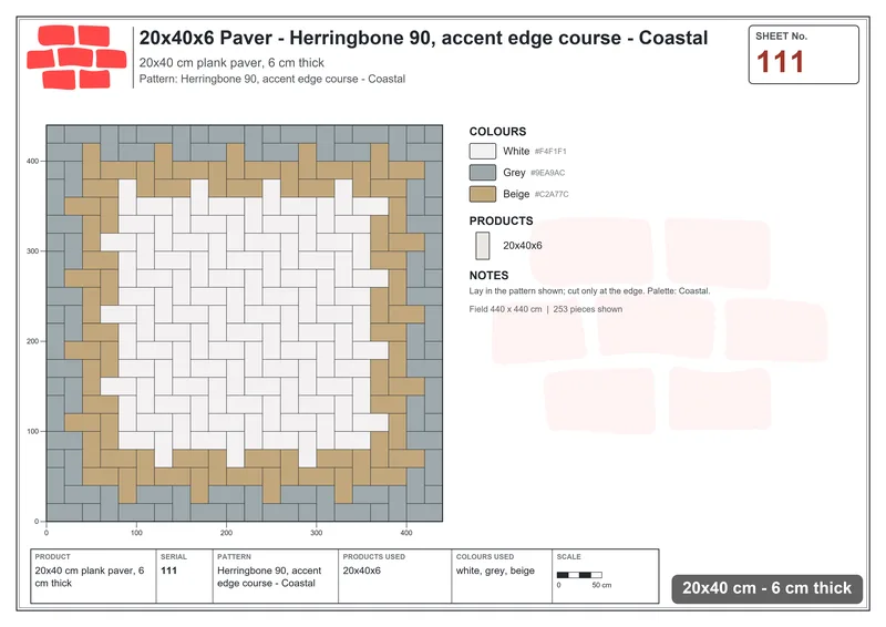 Interlock (Pasco) 20x40 cm · RC24-111 · Herringbone 90, accent edge course - Coastal · Laying plan Interlock (Pasco) 20x40 cm · RC24-111 · Herringbone 90, accent edge course - Coastal · Laying plan