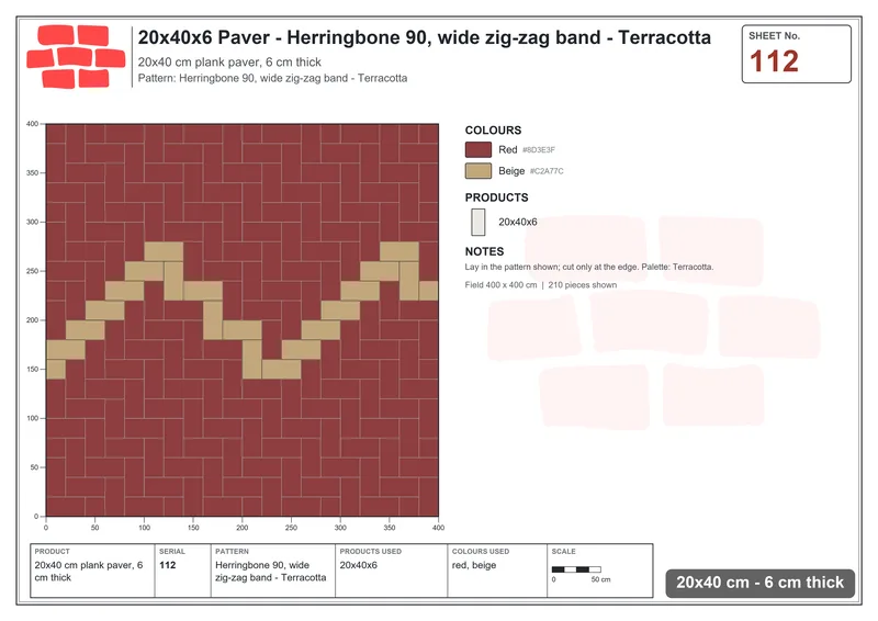 Interlock (Pasco) 20x40 cm · RC24-112 · Herringbone 90, wide zig-zag band - Terracotta · Laying plan Interlock (Pasco) 20x40 cm · RC24-112 · Herringbone 90, wide zig-zag band - Terracotta · Laying plan