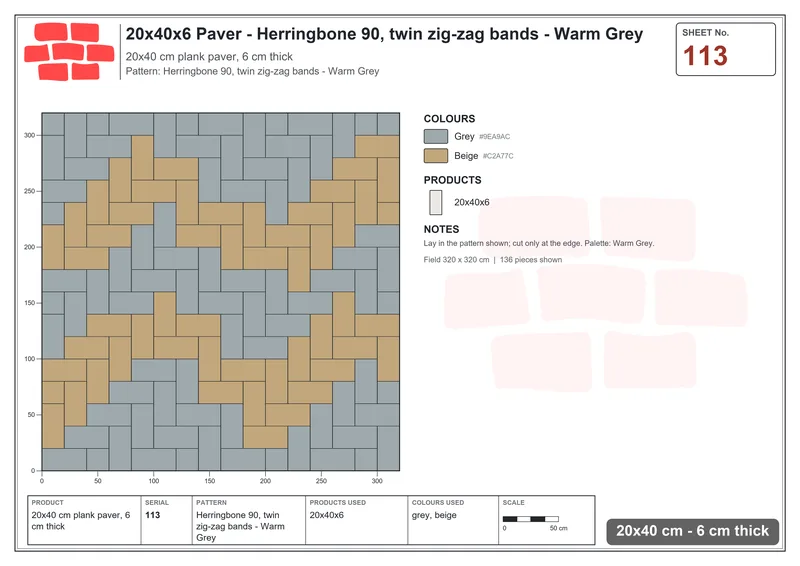 Interlock (Pasco) 20x40 cm · RC24-113 · Herringbone 90, twin zig-zag bands - Warm Grey · Laying plan Interlock (Pasco) 20x40 cm · RC24-113 · Herringbone 90, twin zig-zag bands - Warm Grey · Laying plan