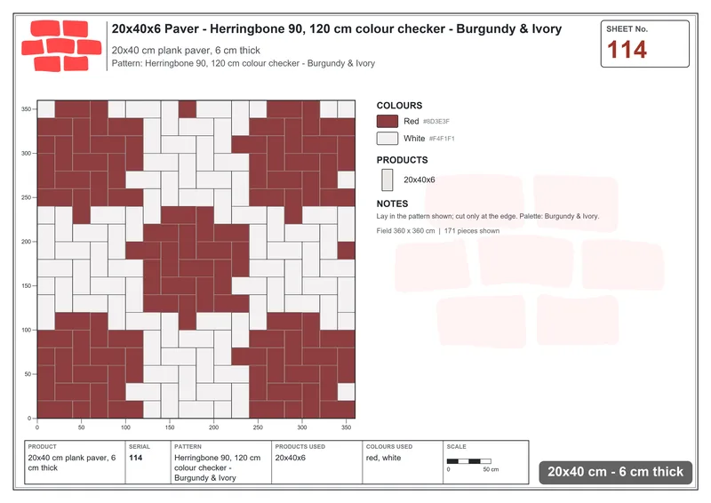 Interlock (Pasco) 20x40 cm · RC24-114 · Herringbone 90, 120 cm colour checker - Burgundy & Ivory · Laying plan Interlock (Pasco) 20x40 cm · RC24-114 · Herringbone 90, 120 cm colour checker - Burgundy & Ivory · Laying plan