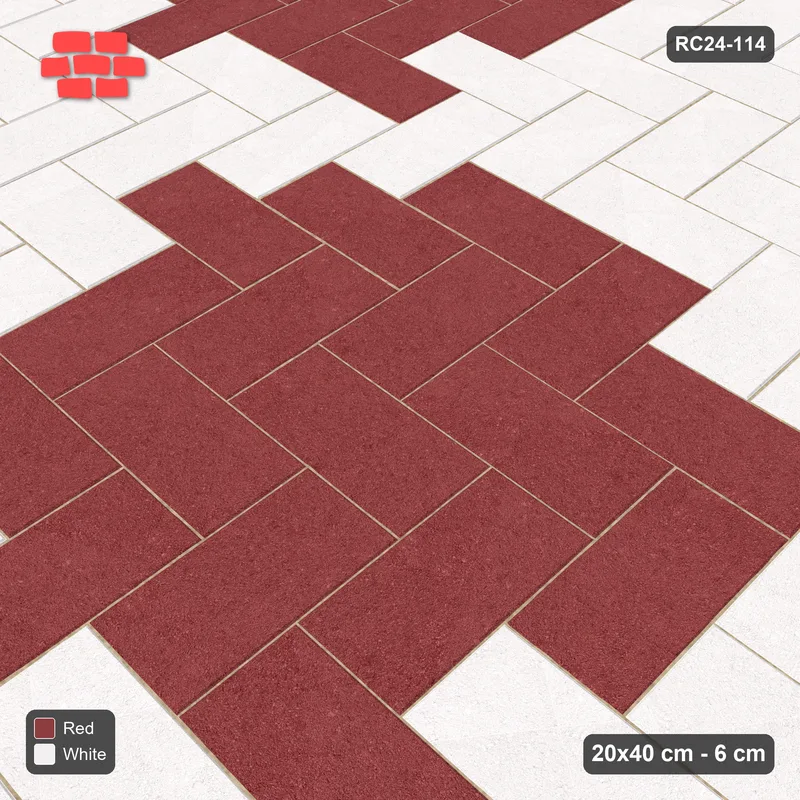 Interlock (Pasco) 20x40 cm · RC24-114 · Herringbone 90, 120 cm colour checker - Burgundy & Ivory · Side view Interlock (Pasco) 20x40 cm · RC24-114 · Herringbone 90, 120 cm colour checker - Burgundy & Ivory · Side view