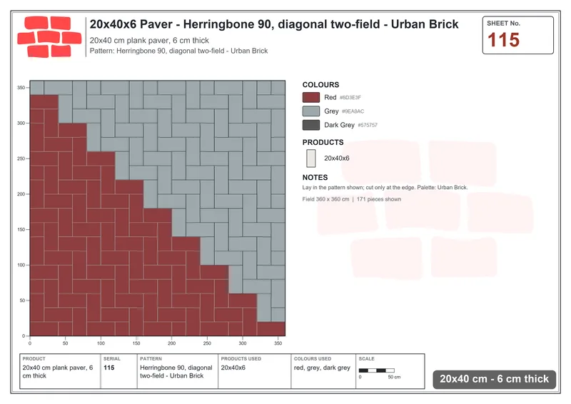 Interlock (Pasco) 20x40 cm · RC24-115 · Herringbone 90, diagonal two-field - Urban Brick · Laying plan Interlock (Pasco) 20x40 cm · RC24-115 · Herringbone 90, diagonal two-field - Urban Brick · Laying plan