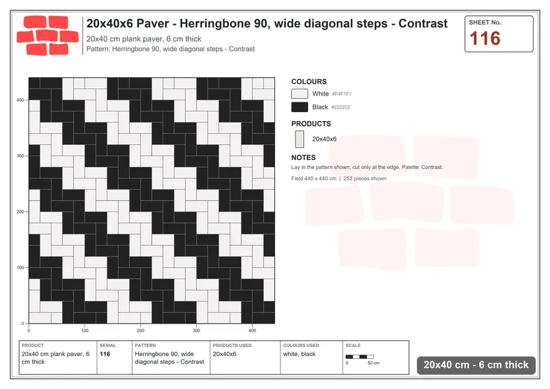 Interlock (Pasco) 20x40 cm · RC24-116 · Herringbone 90, wide diagonal steps - Contrast · Laying plan Interlock (Pasco) 20x40 cm · RC24-116 · Herringbone 90, wide diagonal steps - Contrast · Laying plan