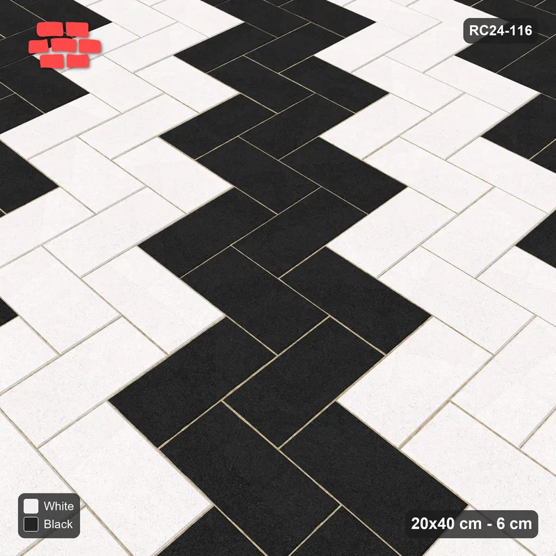 Interlock (Pasco) 20x40 cm · RC24-116 · Herringbone 90, wide diagonal steps - Contrast · Side view Interlock (Pasco) 20x40 cm · RC24-116 · Herringbone 90, wide diagonal steps - Contrast · Side view