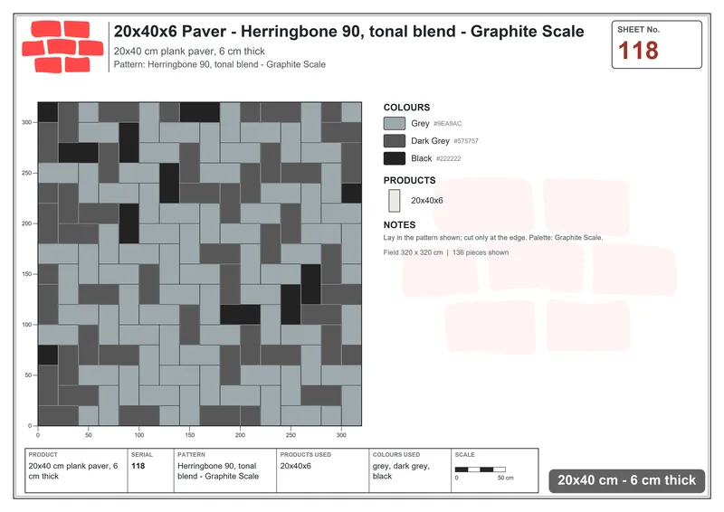 Interlock (Pasco) 20x40 cm · RC24-118 · Herringbone 90, tonal blend - Graphite Scale · Laying plan Interlock (Pasco) 20x40 cm · RC24-118 · Herringbone 90, tonal blend - Graphite Scale · Laying plan