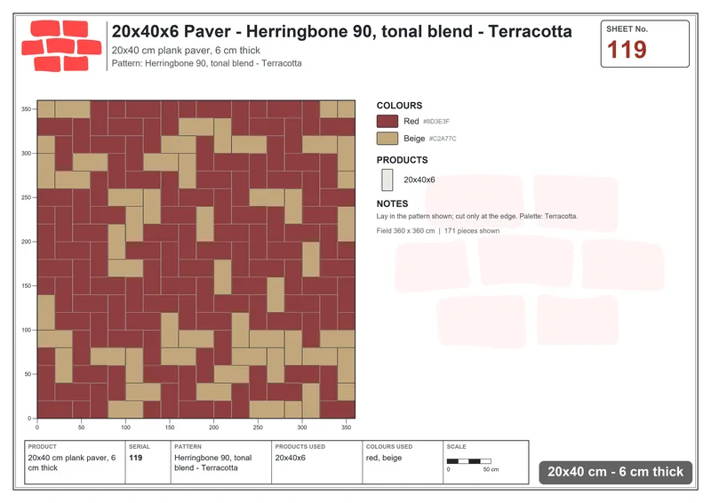 Interlock (Pasco) 20x40 cm · RC24-119 · Herringbone 90, tonal blend - Terracotta · Laying plan Interlock (Pasco) 20x40 cm · RC24-119 · Herringbone 90, tonal blend - Terracotta · Laying plan