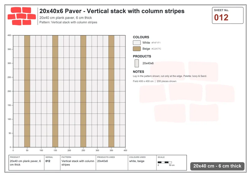 Interlock (Pasco) 20x40 cm · RC24-12 · Vertical stack with column stripes · Laying plan Interlock (Pasco) 20x40 cm · RC24-12 · Vertical stack with column stripes · Laying plan