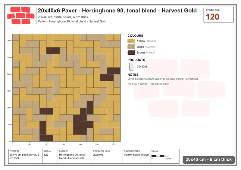 Interlock (Pasco) 20x40 cm · RC24-120 · Herringbone 90, tonal blend - Harvest Gold · Laying plan Interlock (Pasco) 20x40 cm · RC24-120 · Herringbone 90, tonal blend - Harvest Gold · Laying plan