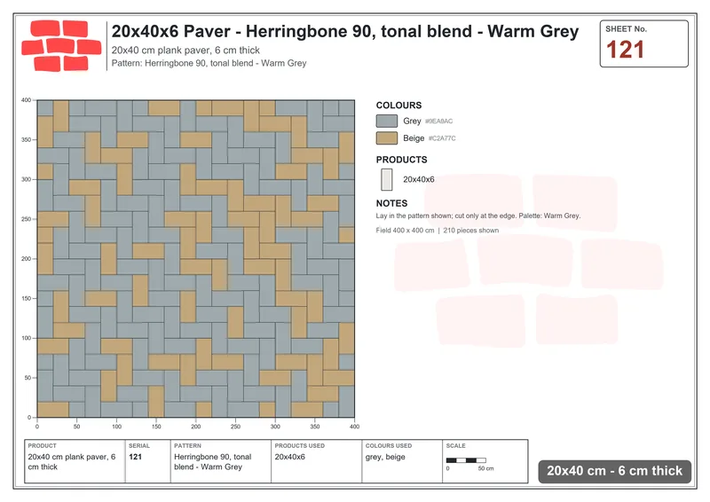 Interlock (Pasco) 20x40 cm · RC24-121 · Herringbone 90, tonal blend - Warm Grey · Laying plan Interlock (Pasco) 20x40 cm · RC24-121 · Herringbone 90, tonal blend - Warm Grey · Laying plan