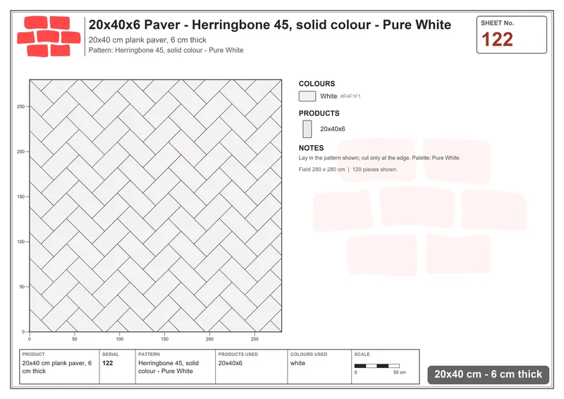 Interlock (Pasco) 20x40 cm · RC24-122 · Herringbone 45, solid colour - Pure White · Laying plan Interlock (Pasco) 20x40 cm · RC24-122 · Herringbone 45, solid colour - Pure White · Laying plan