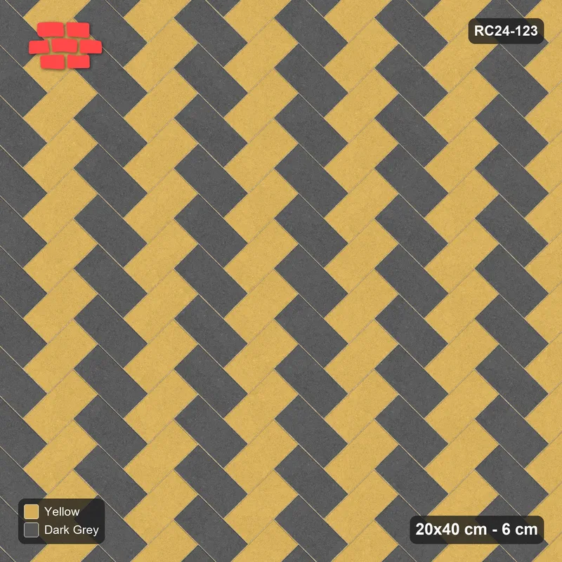 Interlock (Pasco) 20x40 cm · RC24-123 · Herringbone 45, colour by unit direction - Mustard Slate · Top view Interlock (Pasco) 20x40 cm · RC24-123 · Herringbone 45, colour by unit direction - Mustard Slate · Top view
