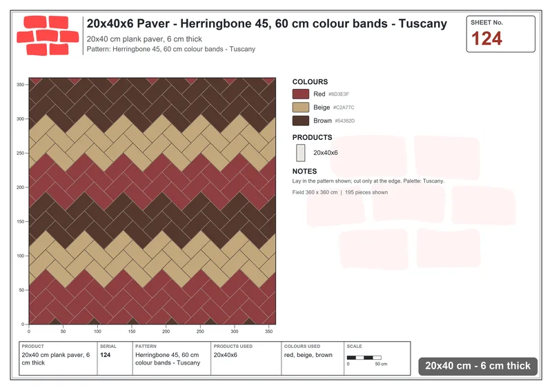 Interlock (Pasco) 20x40 cm · RC24-124 · Herringbone 45, 60 cm colour bands - Tuscany · Laying plan Interlock (Pasco) 20x40 cm · RC24-124 · Herringbone 45, 60 cm colour bands - Tuscany · Laying plan