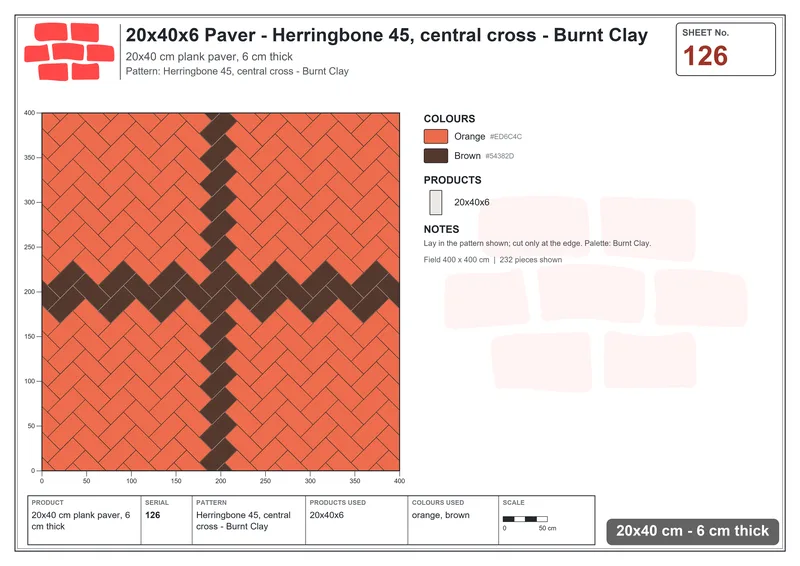 Interlock (Pasco) 20x40 cm · RC24-126 · Herringbone 45, central cross - Burnt Clay · Laying plan Interlock (Pasco) 20x40 cm · RC24-126 · Herringbone 45, central cross - Burnt Clay · Laying plan