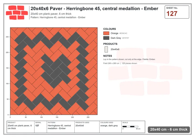 Interlock (Pasco) 20x40 cm · RC24-127 · Herringbone 45, central medallion - Ember · Laying plan Interlock (Pasco) 20x40 cm · RC24-127 · Herringbone 45, central medallion - Ember · Laying plan