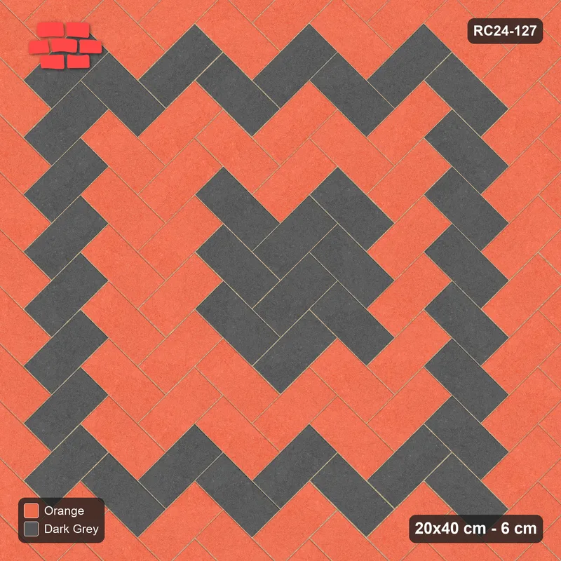 Interlock (Pasco) 20x40 cm · RC24-127 · Herringbone 45, central medallion - Ember · Top view Interlock (Pasco) 20x40 cm · RC24-127 · Herringbone 45, central medallion - Ember · Top view