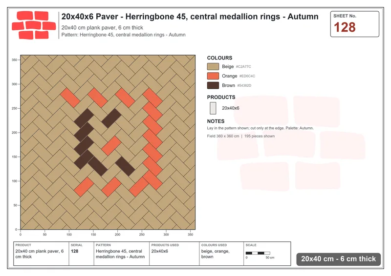 Interlock (Pasco) 20x40 cm · RC24-128 · Herringbone 45, central medallion rings - Autumn · Laying plan Interlock (Pasco) 20x40 cm · RC24-128 · Herringbone 45, central medallion rings - Autumn · Laying plan