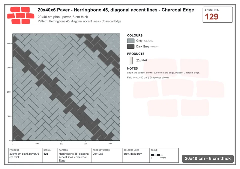Interlock (Pasco) 20x40 cm · RC24-129 · Herringbone 45, diagonal accent lines - Charcoal Edge · Laying plan Interlock (Pasco) 20x40 cm · RC24-129 · Herringbone 45, diagonal accent lines - Charcoal Edge · Laying plan