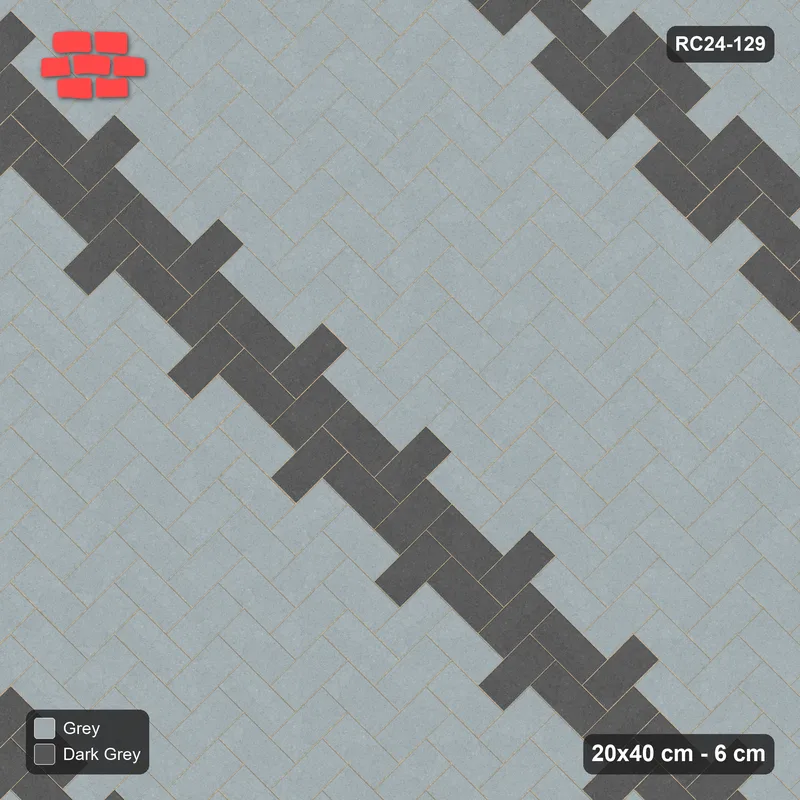 Interlock (Pasco) 20x40 cm · RC24-129 · Herringbone 45, diagonal accent lines - Charcoal Edge · Top view Interlock (Pasco) 20x40 cm · RC24-129 · Herringbone 45, diagonal accent lines - Charcoal Edge · Top view