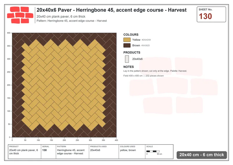 Interlock (Pasco) 20x40 cm · RC24-130 · Herringbone 45, accent edge course - Harvest · Laying plan Interlock (Pasco) 20x40 cm · RC24-130 · Herringbone 45, accent edge course - Harvest · Laying plan
