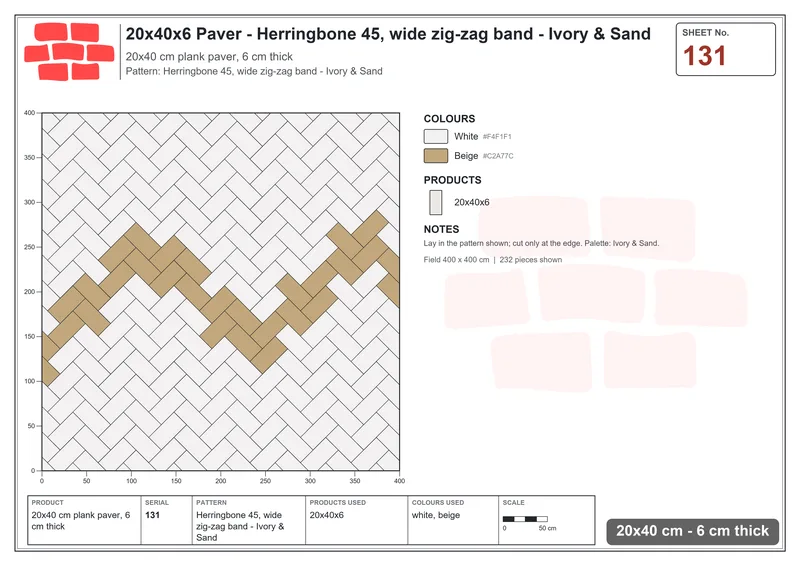 Interlock (Pasco) 20x40 cm · RC24-131 · Herringbone 45, wide zig-zag band - Ivory & Sand · Laying plan Interlock (Pasco) 20x40 cm · RC24-131 · Herringbone 45, wide zig-zag band - Ivory & Sand · Laying plan