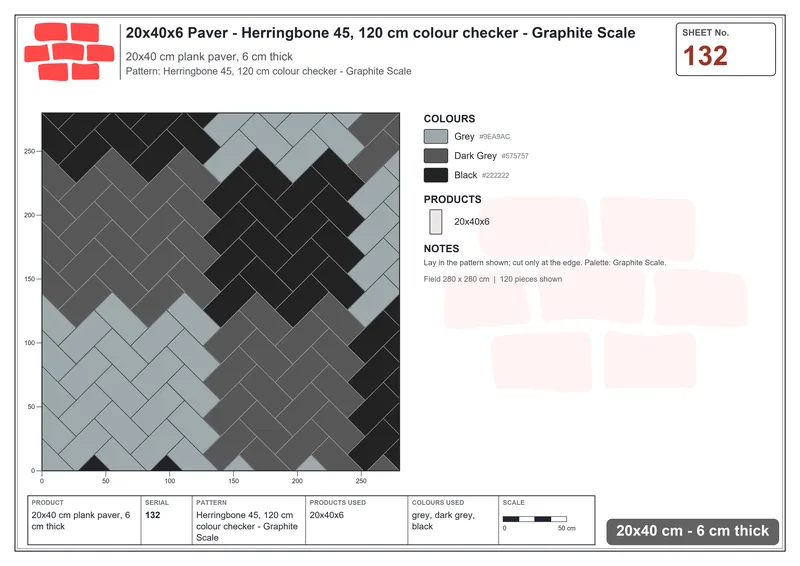 Interlock (Pasco) 20x40 cm · RC24-132 · Herringbone 45, 120 cm colour checker - Graphite Scale · Laying plan Interlock (Pasco) 20x40 cm · RC24-132 · Herringbone 45, 120 cm colour checker - Graphite Scale · Laying plan