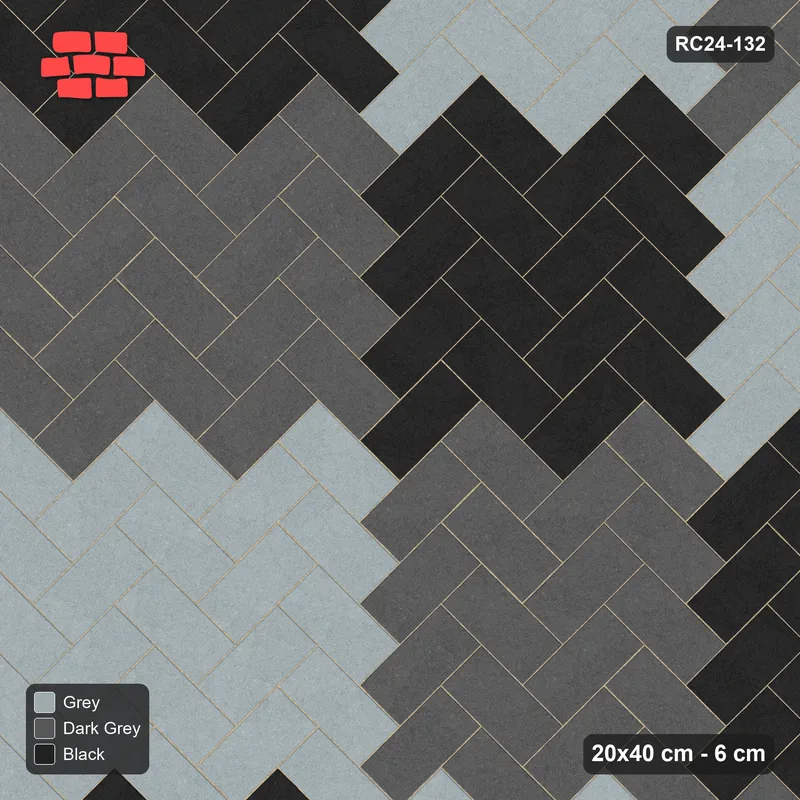 Interlock (Pasco) 20x40 cm · RC24-132 · Herringbone 45, 120 cm colour checker - Graphite Scale · Top view Interlock (Pasco) 20x40 cm · RC24-132 · Herringbone 45, 120 cm colour checker - Graphite Scale · Top view