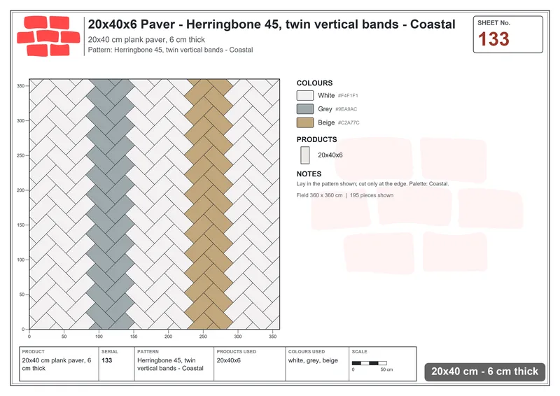 Interlock (Pasco) 20x40 cm · RC24-133 · Herringbone 45, twin vertical bands - Coastal · Laying plan Interlock (Pasco) 20x40 cm · RC24-133 · Herringbone 45, twin vertical bands - Coastal · Laying plan
