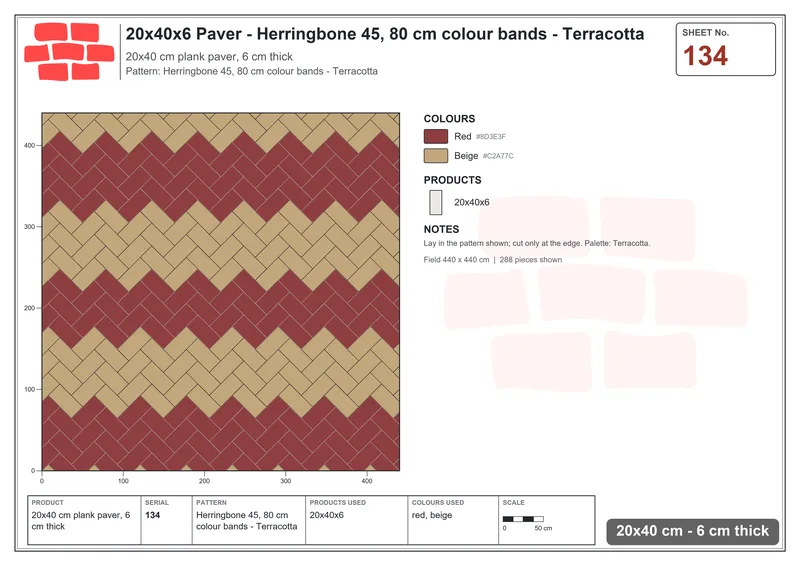 Interlock (Pasco) 20x40 cm · RC24-134 · Herringbone 45, 80 cm colour bands - Terracotta · Laying plan Interlock (Pasco) 20x40 cm · RC24-134 · Herringbone 45, 80 cm colour bands - Terracotta · Laying plan