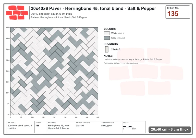 Interlock (Pasco) 20x40 cm · RC24-135 · Herringbone 45, tonal blend - Salt & Pepper · Laying plan Interlock (Pasco) 20x40 cm · RC24-135 · Herringbone 45, tonal blend - Salt & Pepper · Laying plan