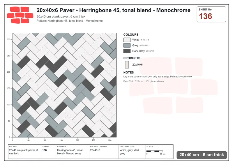 Interlock (Pasco) 20x40 cm · RC24-136 · Herringbone 45, tonal blend - Monochrome · Laying plan Interlock (Pasco) 20x40 cm · RC24-136 · Herringbone 45, tonal blend - Monochrome · Laying plan