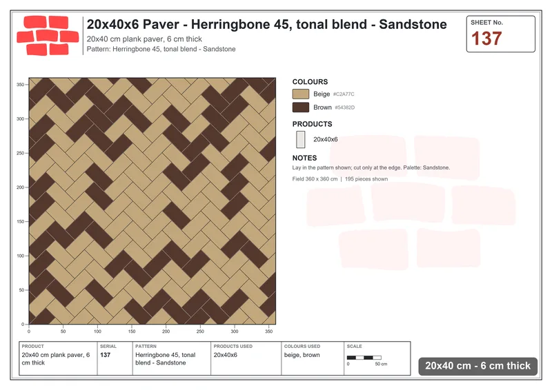 Interlock (Pasco) 20x40 cm · RC24-137 · Herringbone 45, tonal blend - Sandstone · Laying plan Interlock (Pasco) 20x40 cm · RC24-137 · Herringbone 45, tonal blend - Sandstone · Laying plan