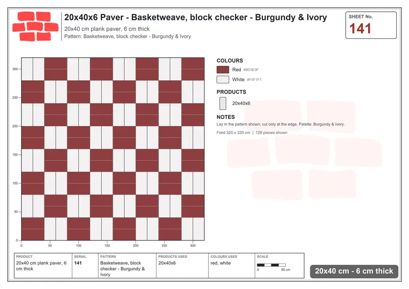 Interlock (Pasco) 20x40 cm · RC24-141 · Basketweave, block checker - Burgundy & Ivory · Laying plan Interlock (Pasco) 20x40 cm · RC24-141 · Basketweave, block checker - Burgundy & Ivory · Laying plan