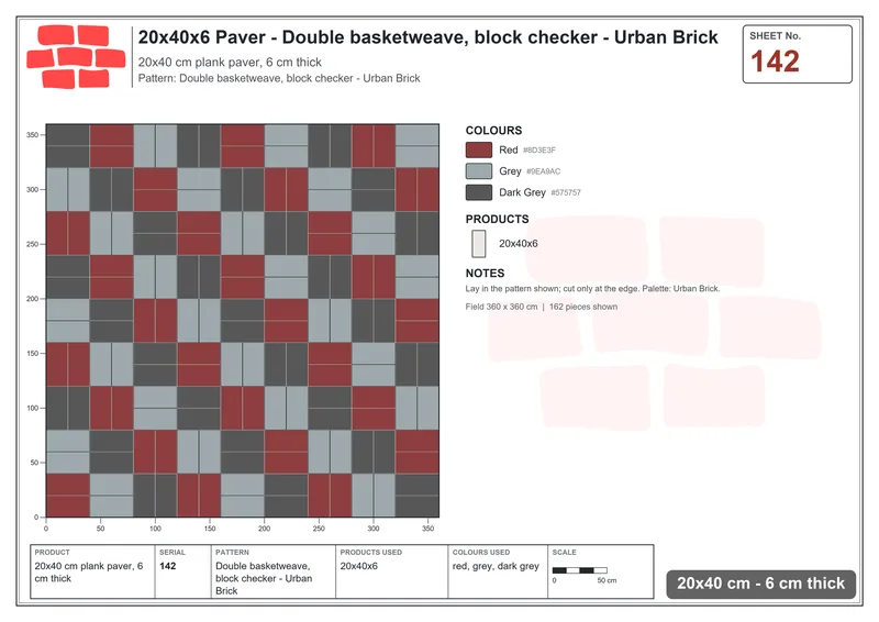 Interlock (Pasco) 20x40 cm · RC24-142 · Double basketweave, block checker - Urban Brick · Laying plan Interlock (Pasco) 20x40 cm · RC24-142 · Double basketweave, block checker - Urban Brick · Laying plan