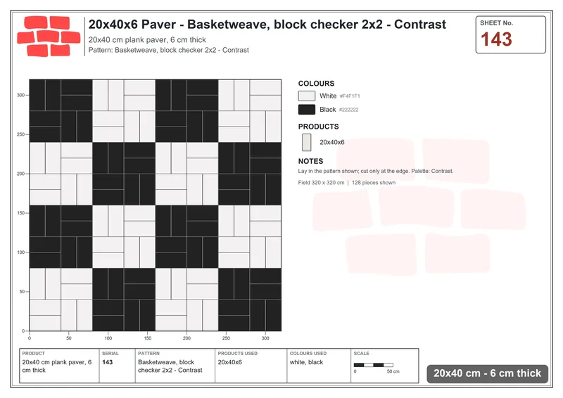 Interlock (Pasco) 20x40 cm · RC24-143 · Basketweave, block checker 2x2 - Contrast · Laying plan Interlock (Pasco) 20x40 cm · RC24-143 · Basketweave, block checker 2x2 - Contrast · Laying plan