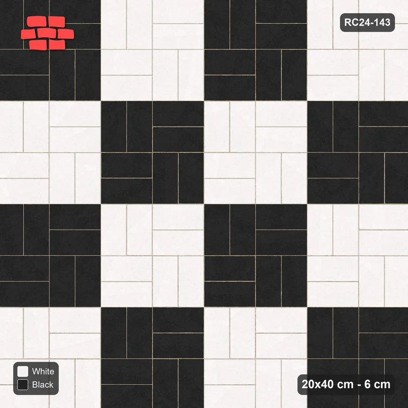 Interlock (Pasco) 20x40 cm · RC24-143 · Basketweave, block checker 2x2 - Contrast · Top view Interlock (Pasco) 20x40 cm · RC24-143 · Basketweave, block checker 2x2 - Contrast · Top view